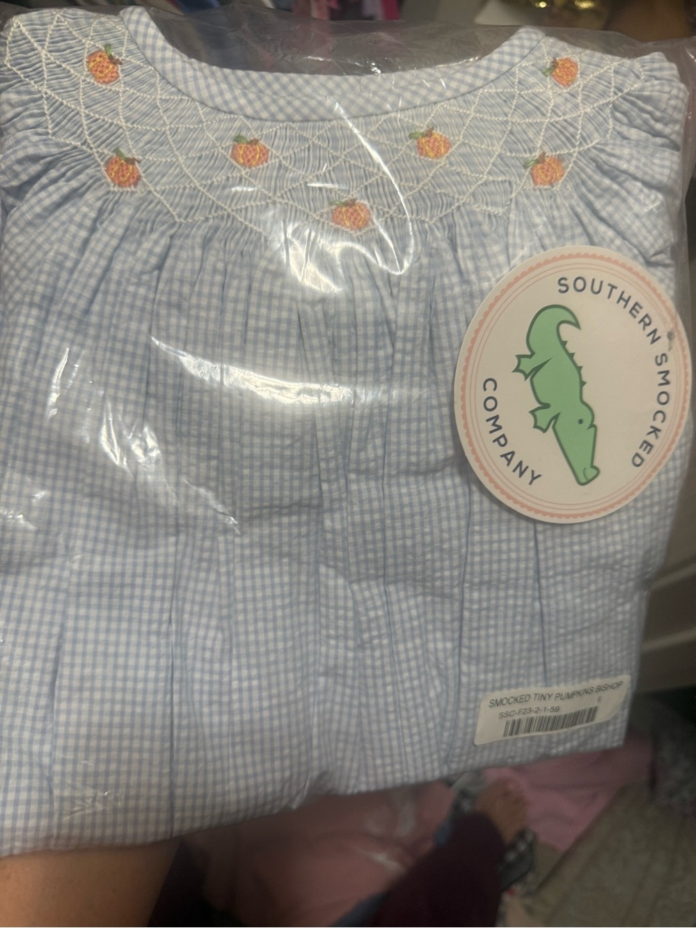 Southern Smocked Company Light Blue Gingham Smocked Dress with Orange Embroidery